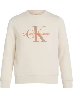 Sweat en coton beige uni avec un col rond et le nom de la marque imprimé