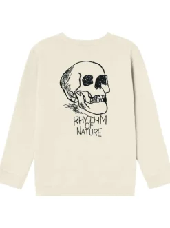 Sweat en coton biologique beige avec un col rond et une tête de mort brodée
