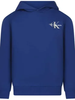 Sweat en coton bleu uni avec une capuche et le logo de la marque