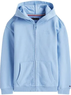 Sweat en coton bleu uni pourvu d'un col à capuche et fermeture à glissière