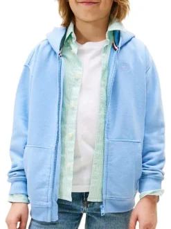 Sweat en coton bleu uni pourvu d'un col à capuche et fermeture à glissière