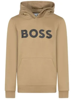 Sweat en coton camel à coupe droite avec un col à capuche et logo imprimé