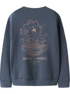 Sweat en coton indigo uni pourvu d'un imprimé chat et d'une coupe droite