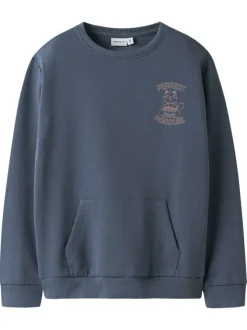 Sweat en coton indigo uni pourvu d'un imprimé chat et d'une coupe droite