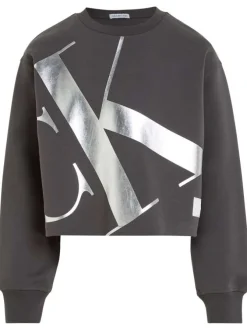Sweat en coton mélangé anthracite avec une coupe boxy et un col rond