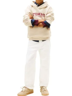 Sweat en coton mélangé beige pourvu d'un col à capuche boutonné