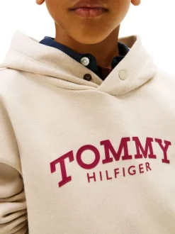 Sweat en coton mélangé beige pourvu d'un col à capuche boutonné