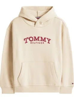 Sweat en coton mélangé beige pourvu d'un col à capuche boutonné