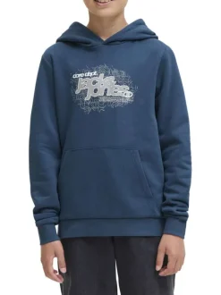 Sweat en coton mélangé bleu imprimé avec une coupe droite et un col à capuche