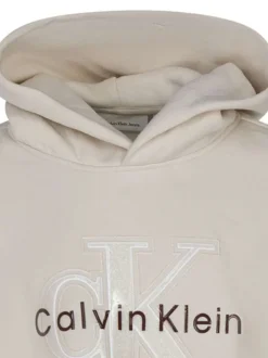 Sweat en coton mélangé écru imprimé coupe ajustée et col à capuche