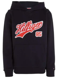 Sweat en coton mélangé marine uni avec une coupe droite et un col à capuche