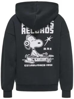 Sweat en coton mélangé noir uni pourvu d'un imprimé snoopy et d'une capuche