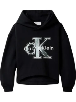 Sweat en coton mélangé noir à motifs coupe cropped et un col à capuche