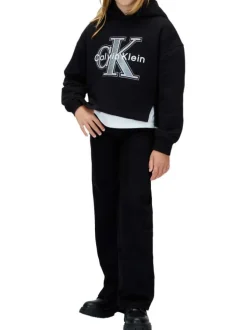 Sweat en coton mélangé noir à motifs coupe cropped et un col à capuche