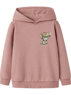 Sweat en coton mélangé rose uni pourvu d'un imprimé sushi et d'une coupe droite