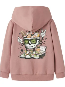 Sweat en coton mélangé rose uni pourvu d'un imprimé sushi et d'une coupe droite