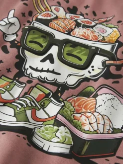 Sweat en coton mélangé rose uni pourvu d'un imprimé sushi et d'une coupe droite