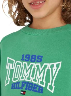 Sweat en coton mélangé vert uni avec une coupe droite et un col rond
