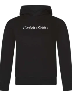Sweat en coton noir uni avec une coupe droite et le nom de la marque au centre