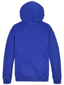 Sweat en coton régénératif bleu à imprimé, coupe droite et col à capuche