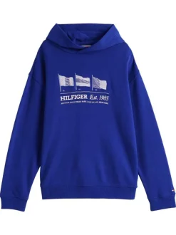 Sweat en coton régénératif bleu à imprimé, coupe droite et col à capuche