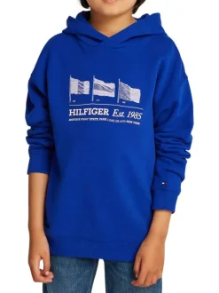 Sweat en coton régénératif bleu à imprimé, coupe droite et col à capuche