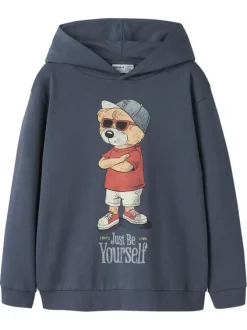 Sweat indigo uni pourvu d'un imprimé ours et d'une coupe droite
