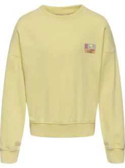 Sweat jaune uni delavé à coupe droite, col rond et manches longues