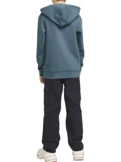 Sweat manches longues en coton bleu avec col à capuche et logo orange et blanc