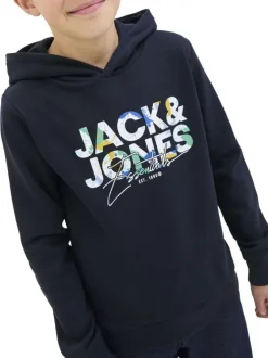 Sweat marine imprimé avec une coupe droite et un col à capuche
