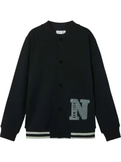Sweat noir boutonné pourvu d'un col rond côtelé et de manches longues