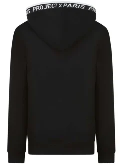 Sweat noir col à capuche avec liseret sur la capuche et marque sur la poitrine