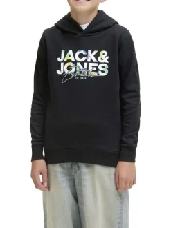 Sweat noir imprimé avec une coupe droite et une poche kangourou