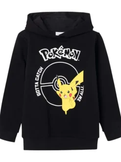 Sweat noir uni coupe droite avec un col à capuche et flocage Pikachu