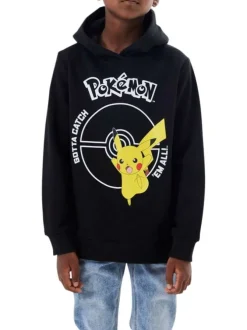 Sweat noir uni coupe droite avec un col à capuche et flocage Pikachu