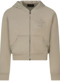 Sweat zippé beige en coton mélangé à coupe droite avec col à capuche et poches