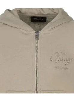 Sweat zippé beige en coton mélangé à coupe droite avec col à capuche et poches