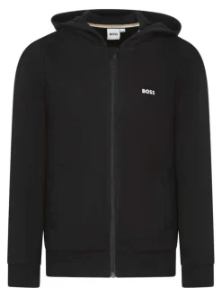 Sweat zippé en coton mélangé noir uni avec une coupe droite et un col à capuche