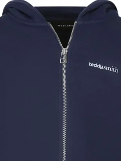 Sweat zippé en coton mélangé marine uni à coupe droite avec un col à capuche