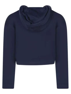 Sweat zippé en coton mélangé marine uni à coupe droite avec un col à capuche