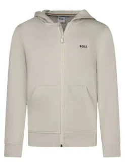 Sweat zippé en coton mélangé beige uni avec une coupe droite et un col à capuche