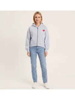 Sweat zippé en coton mélangé ciel uni pourvu de manches longues