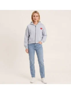 Sweat zippé en coton mélangé ciel uni pourvu de manches longues