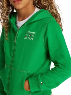 Sweat zippé en coton mélangé vert uni droit avec un col à capuche et zippé