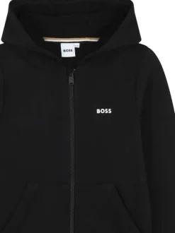 Sweat zippé en coton mélangé noir uni à coupe droite avec col à capuche
