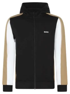 Sweat zippé en coton noir à imprimé avec une coupe droite et un col à capuche
