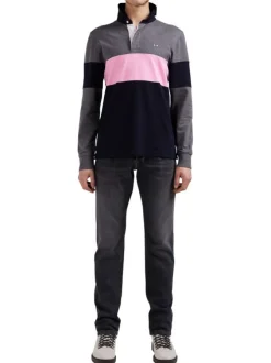 Sweat anthracite tricolore avec une coupe droite, col polo et logo brodé