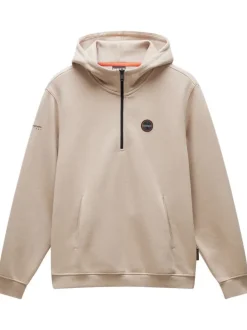 Sweat beige en coton mélangé avec col à capuche demi-zip et logo cousu