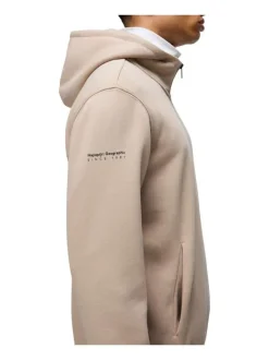 Sweat beige en coton mélangé avec col à capuche demi-zip et logo cousu