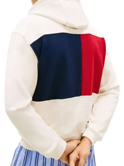 Sweat beige en coton pourvu d'un col à capuche avec cordon de serrage